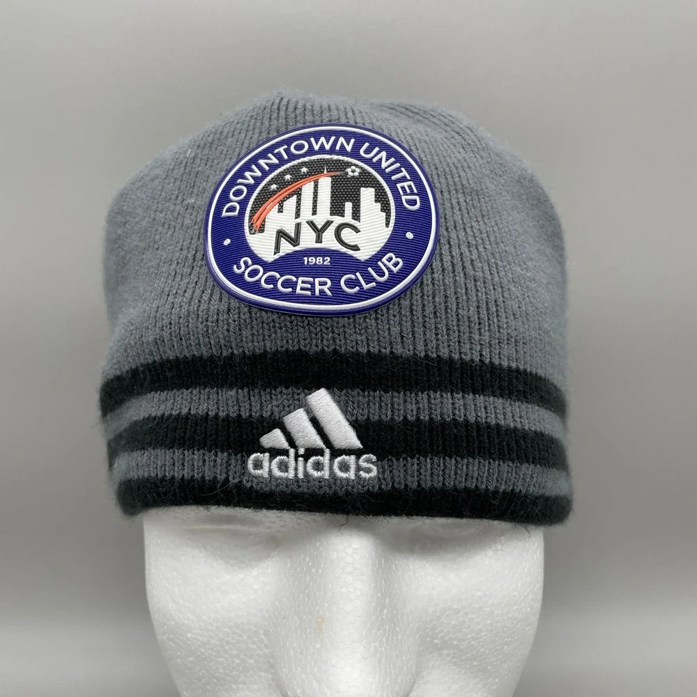 Adidas Beanie Hat Mens OSFM Grey Downtown United NYC Soccer Club Striped Knit